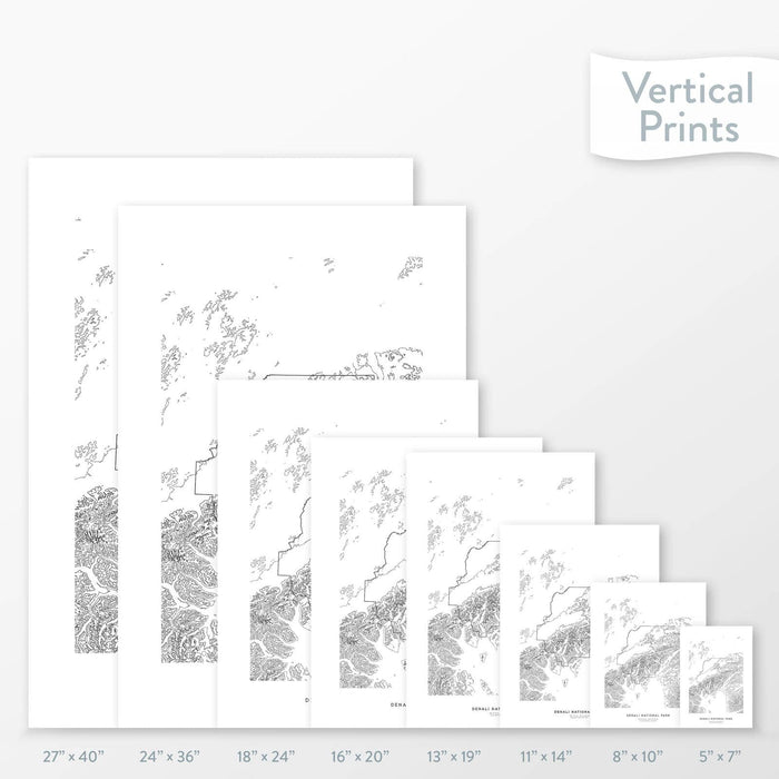 Available sizes for Denali National Park topographic maps. 5x7, 8x10, 11x14, 16x20, 18x24, 24x36, and 27x40 posters shown. as black and white prints on a gray background.