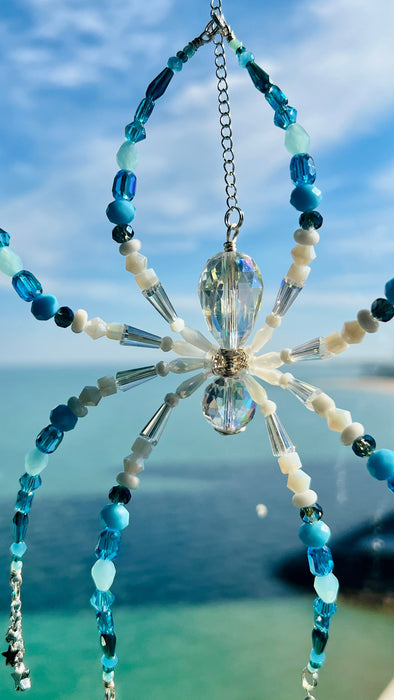 Moonlit Tide Spider – Blue Celestial Beaded Suncatcher
