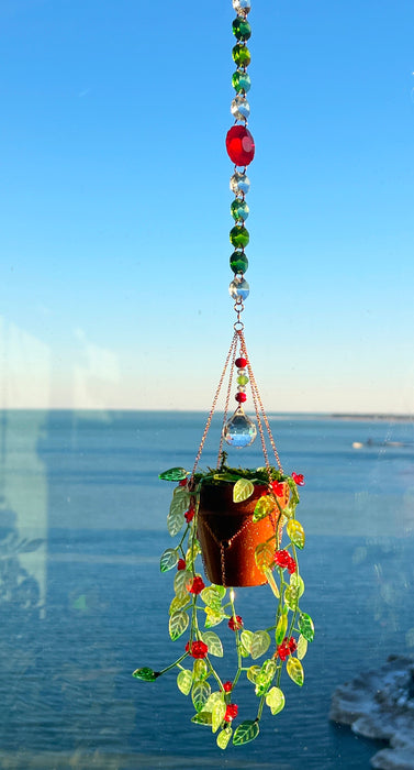 Floral Leafy Plant Suncatcher with Glass Prisms & Spinner