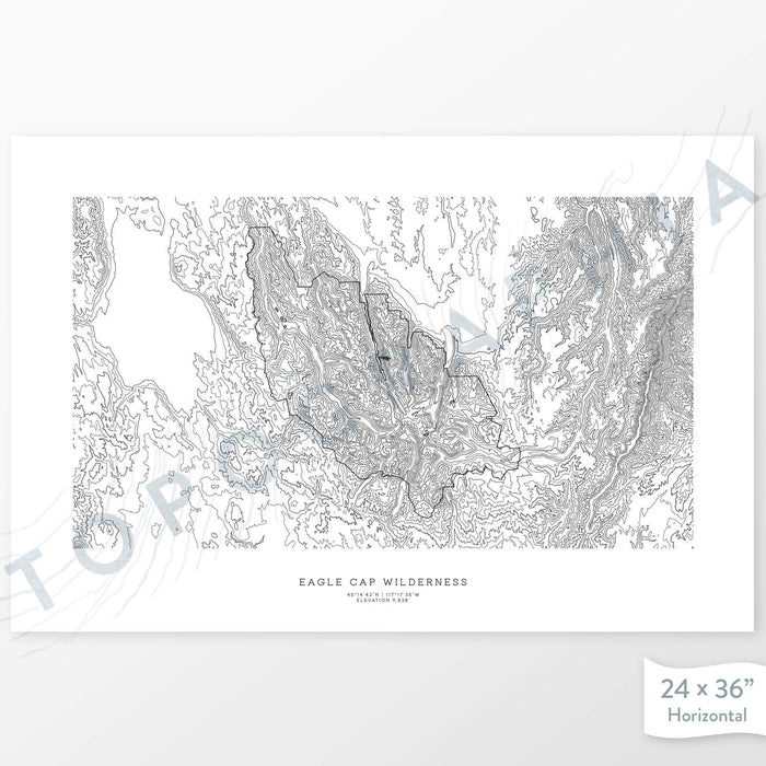 Horizontal custom topo map print of Eagle Cap Wilderness, Oregon. Contour lines show the topography of the area. Mountain topography art.