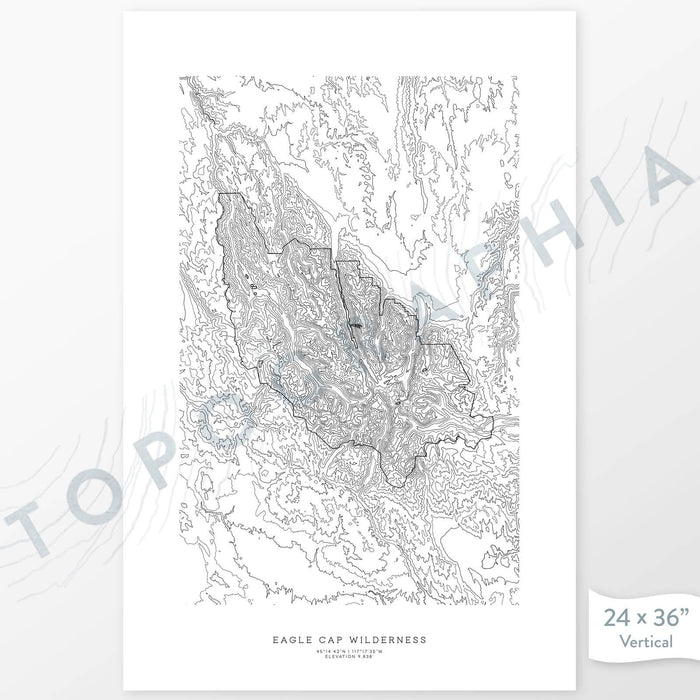 Eagle Cap Wilderness, Oregon poster with topograpy contour lines in black on a white background. Customizable text makes it a great map art gift idea.