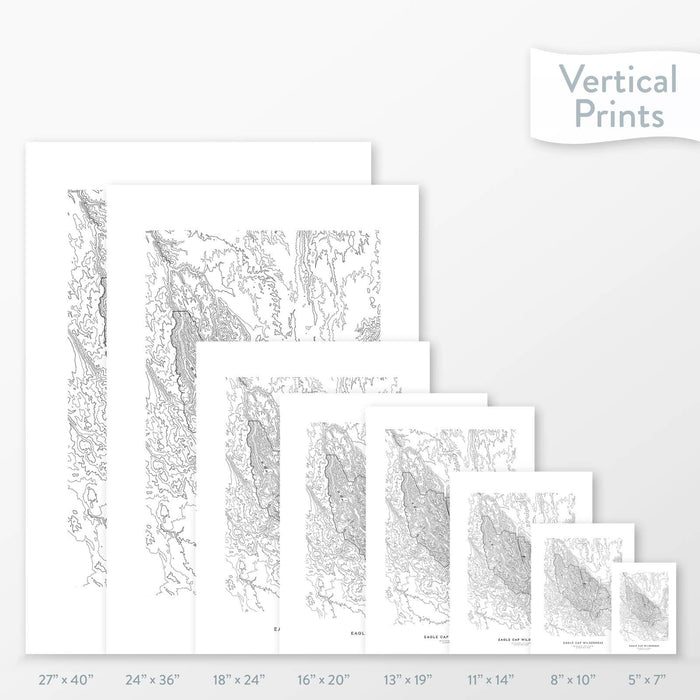 Side-by-side comparison of 8 dimension options for adventure travel art. Prints are decorative topographic maps of Eagle Cap Wilderness, Oregon.
