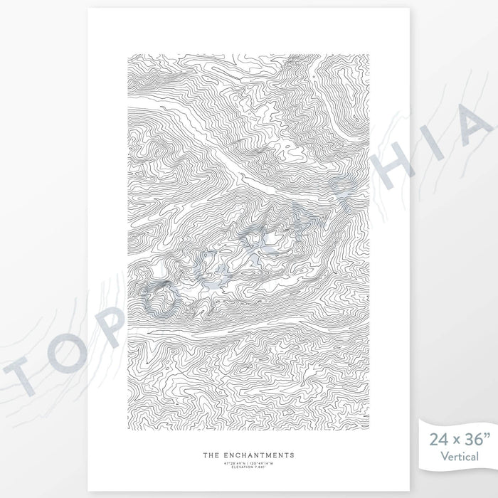 Enchantments, Washington poster with topograpy contour lines in black on a white background. Customizable text makes it a great map art gift idea.