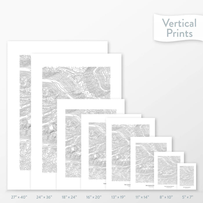 6 sizes of Enchantments, Washington poster that features a topographic map design.