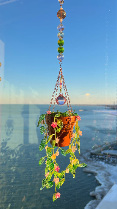 Floral Leafy Plant Suncatcher with Glass Prisms & Spinner