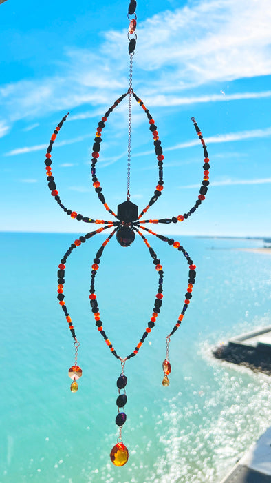 Ember Night – Black, Orange & Purple Beaded Spider Suncatcher
