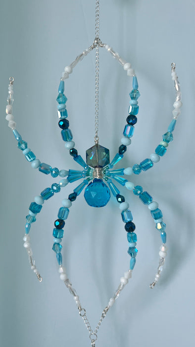 Sea Glass Spider – Blue & Aqua Beaded Spider Suncatcher