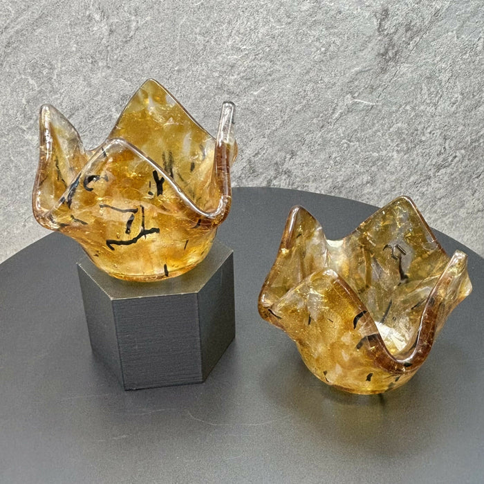 Fused Glass Votives - Iridescent Amber with Black Accents