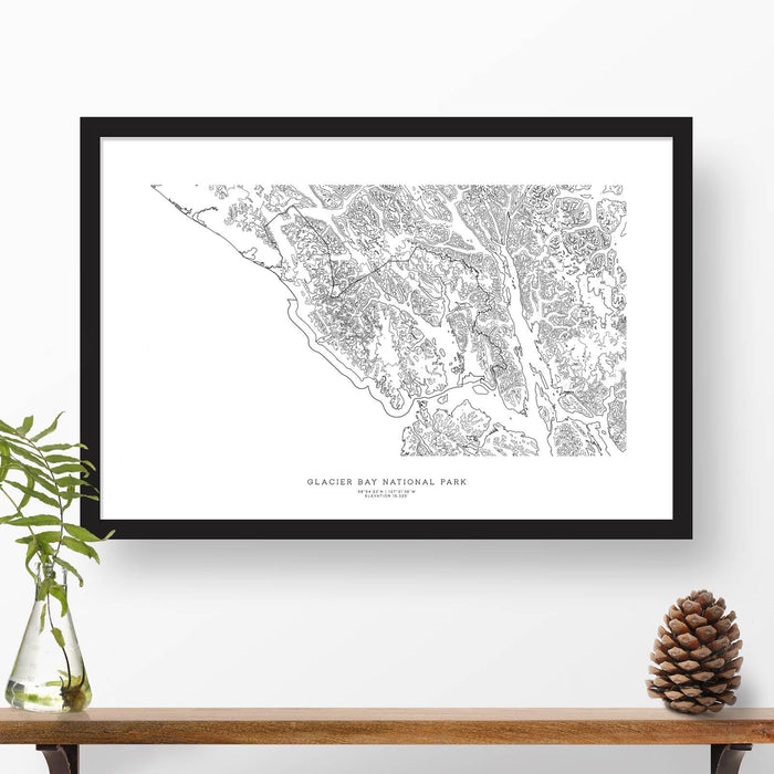 Framed travel art of Glacier Bay National Park, featuring topography map art in black and white.
