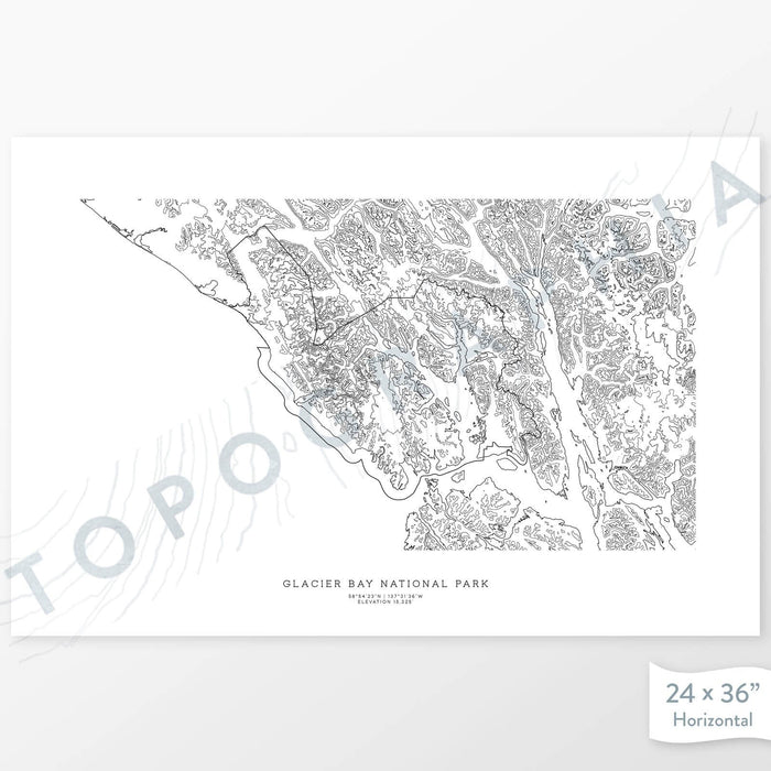 Horizontal custom topo map print of Glacier Bay National Park. Contour lines show the topography of the area. National Park artwork