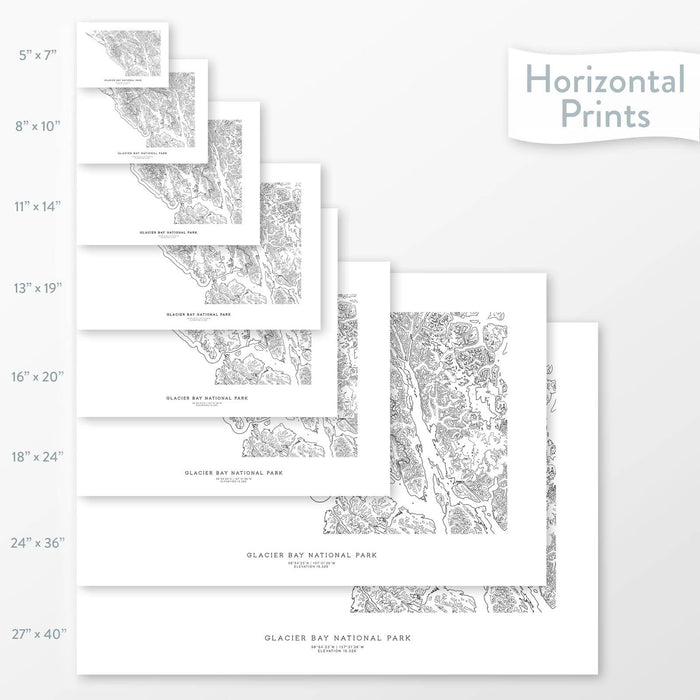 National park art of Glacier Bay. Map wall decor is available in multiple sizes: 5x7, 8x10, 11x14, 16x20, 18x24, 24x36, and 27x40.