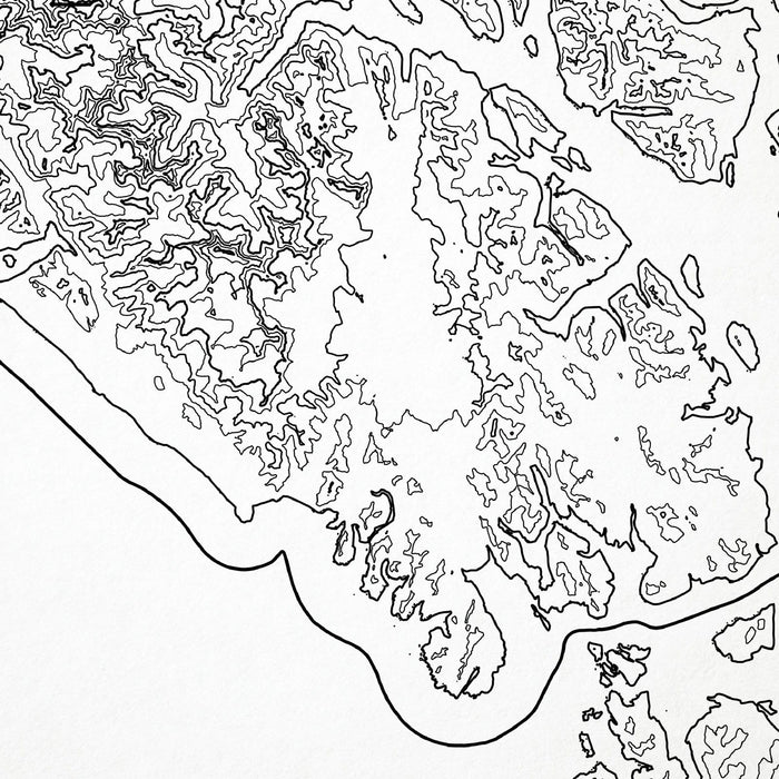 Close look at Glacier Bay National Park's topographic map art. Clean lines give it a modern and minimalist style.