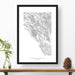 National park print of Glacier Bay with black and white topography in a black 24x36 vertical frame.