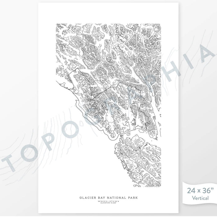 Example art map print of Glacier Bay National Park. Art uses verticle orientation. Print shows landscape of the area using elevation data. On the artwork is a title and concise info of location and elevation. Custom map decor