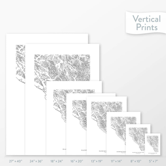 6 sizes of Glacier Bay National Park poster that features a topographic map design.