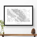 Framed travel art of Glacier National Park, featuring topography map art in black and white.
