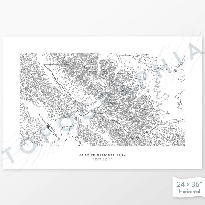 Horizontal custom topo map print of Glacier National Park. Contour lines show the steep canyon topography of the area. National Park artwork