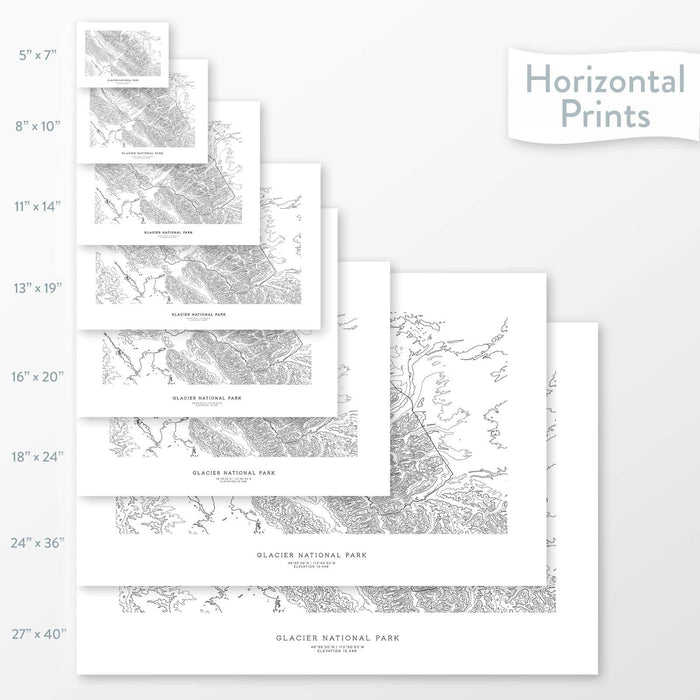 National park art of Glacier. Map wall decor is available in multiple sizes: 5x7, 8x10, 11x14, 16x20, 18x24, 24x36, and 27x40.