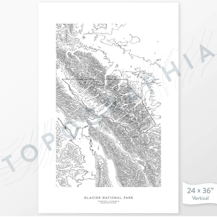 Glacier National Park poster with topograpy contour lines in black on a white background. Customizable text makes it a great map art gift idea.