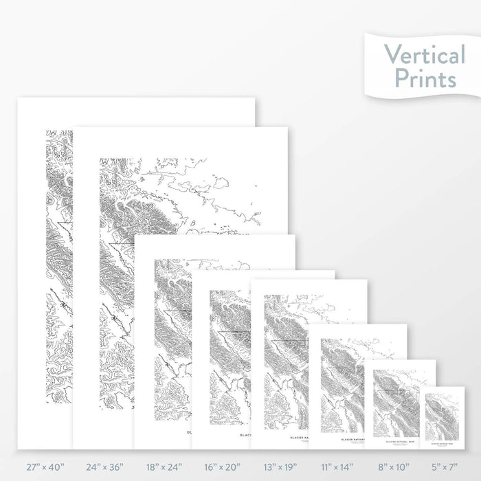 6 sizes of Glacier National Park poster that features a topographic map design.