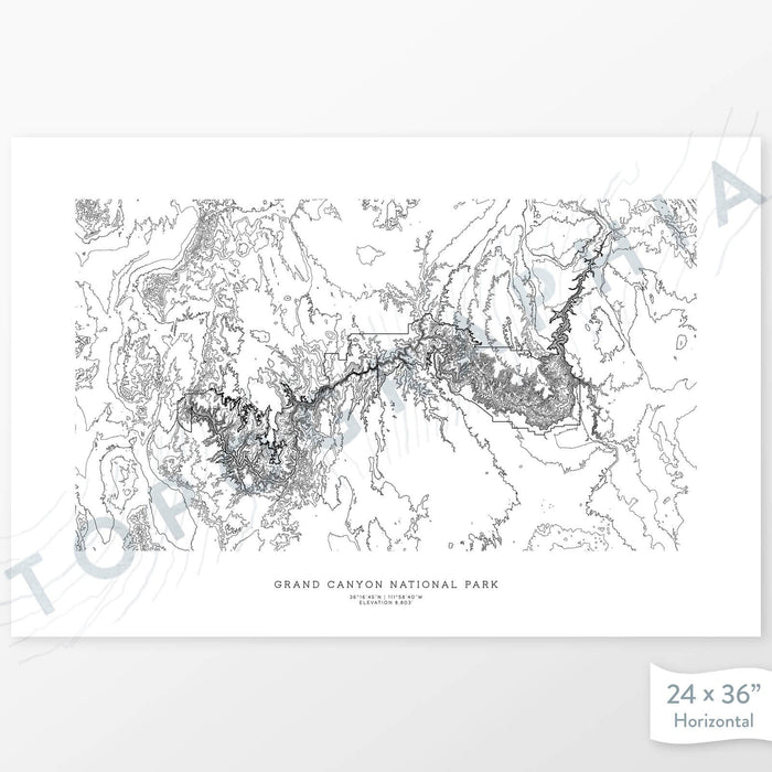 Horizontal custom topo map print of Grand Canyon National Park. Contour lines show the steep canyon topography of the area. National Park artwork.