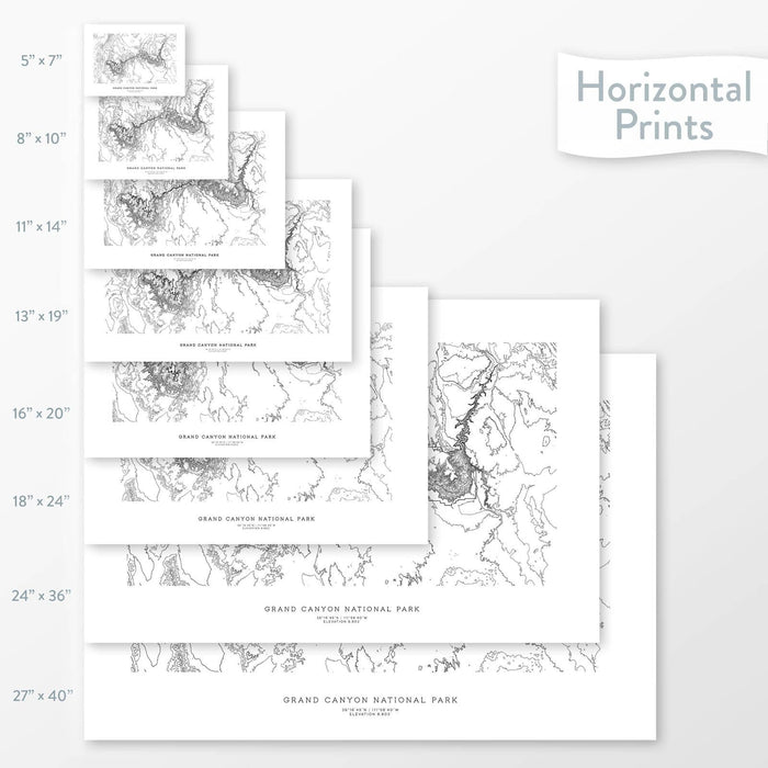 National park art of Grand Canyon. Map wall decor is available in multiple sizes: 5x7, 8x10, 11x14, 16x20, 18x24, 24x36, and 27x40.