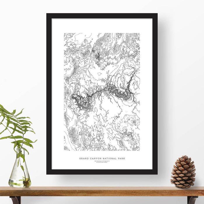 Grand Canyon National Park topographic map poster, 24 inches by 36 inches, in a vertical orientation, with a black solid wood ready-to-hang frame.