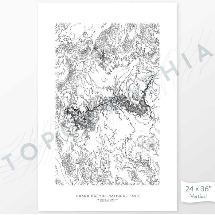 Grand Canyon National Park poster with topograpy contour lines in black on a white background. Customizable text makes it a great map art gift idea.