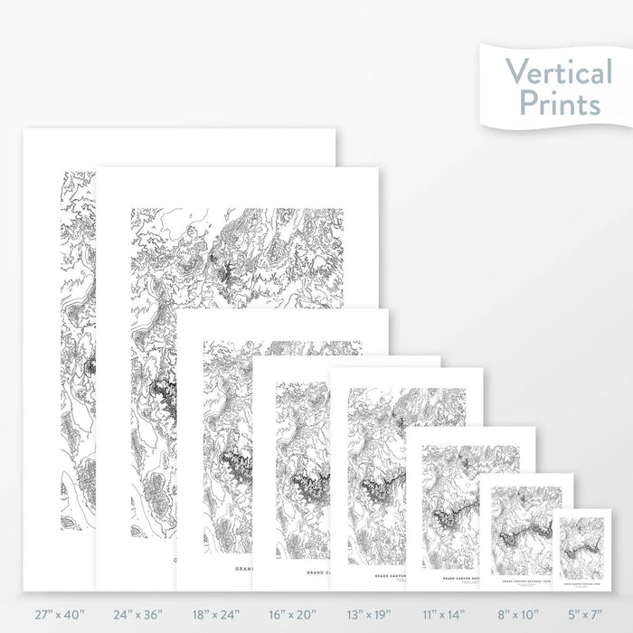 Side-by-side comparison of 8 dimension options for adventure travel art. Prints are decorative topographic maps of Grand Canyon National Park.