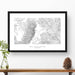 Framed black and white print of Grand Teton National Park topography art. Text can be added to create a custom map poster as a travel gift.