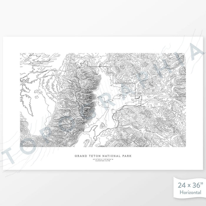 National Park print of Grand Teton with a topographic map. Black contour lines on a white background.