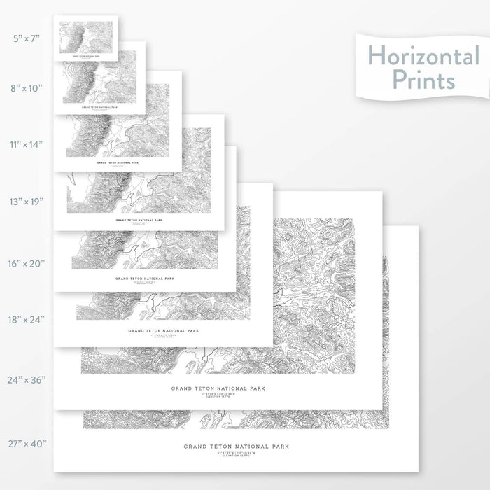 Decorative maps in many sizes of Grand Teton National Park topography: 5x7, 8x10, 11x14, 16x20, 18x24, 24x36, and 27x40.