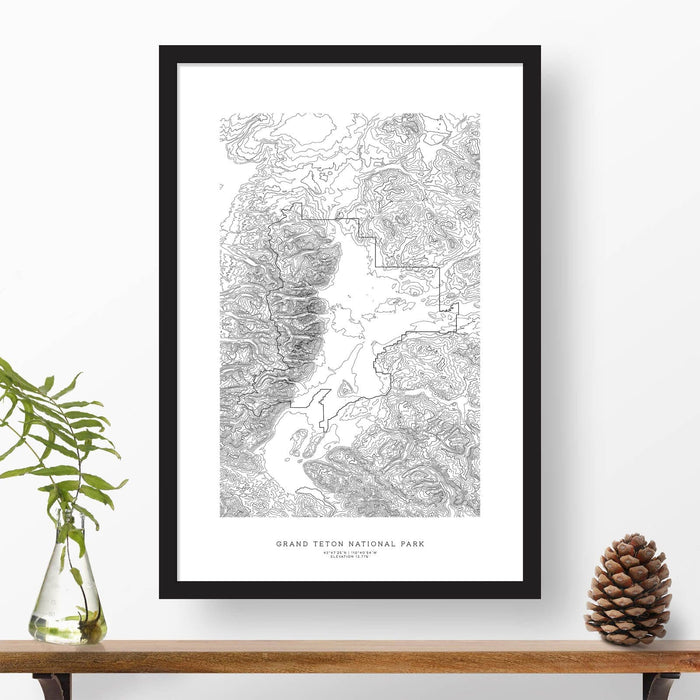 Grand Teton National Park topographic map poster, 24 inches by 36 inches, in a vertical orientation, with a black solid wood ready-to-hang frame.