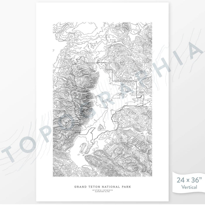 Vertical orientation Grand Teton National Park poster with topographic map design.