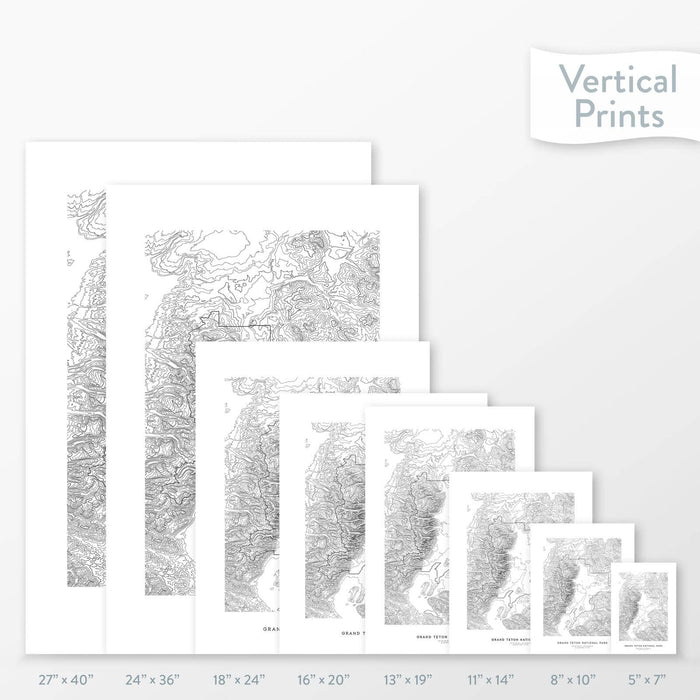 Available sizes for Grand Teton National Park topographic maps. 5x7, 8x10, 11x14, 16x20, 18x24, 24x36, and 27x40 posters shown. as black and white prints on a gray background.