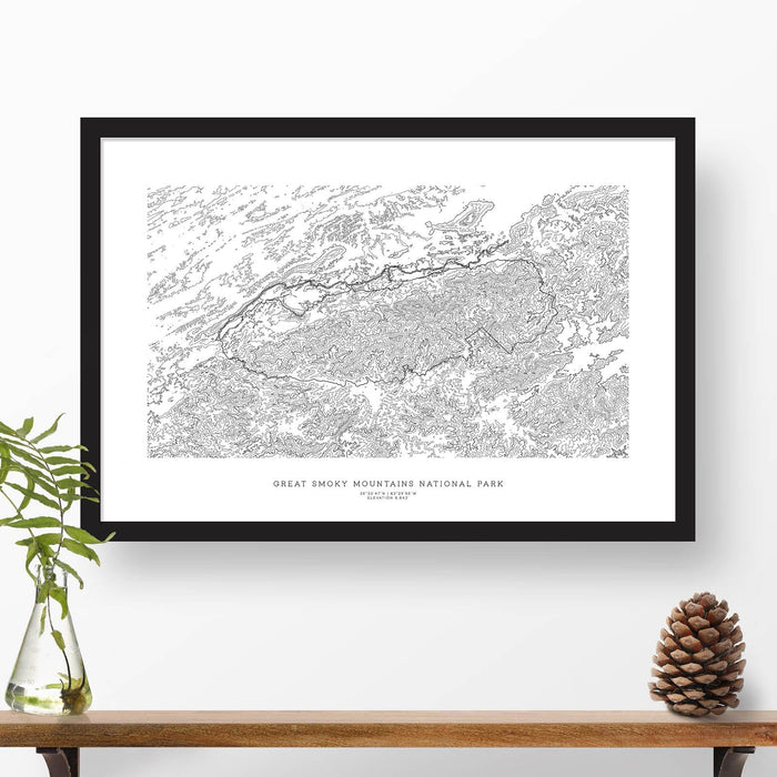 Framed black and white print of Great Smoky Mountains National Park with topography art.