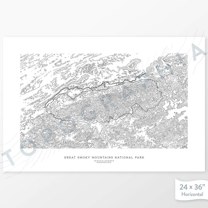 Example topographic map print of Great Smoky Mountains National Park. Art uses horizontal orientation. Print shows landscape of the area using contour lines. On the artwork is a title and concise info of location and elevation.