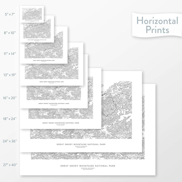 Topographic maps of Great Smoky Mountains National Park in multiple sizes, available as posters, framed print, and canvas or framed canvas.