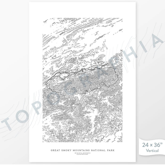 Example art map print of Great Smoky Mountains National Park. Art uses verticle orientation. Print shows landscape of the area using elevation data. On the artwork is a title and concise info of location and elevation. Custom map decor