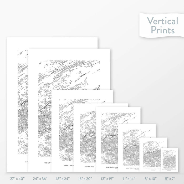 Side-by-side comparison of 8 dimension options for adventure travel art. Prints are decorative topographic maps of Great Smoky Mountains National Park.