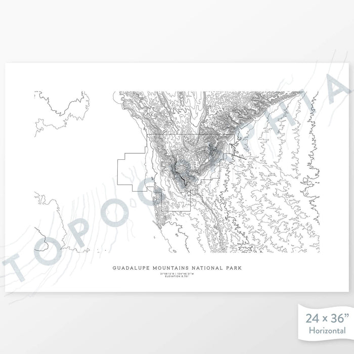 Map wall decor of Guadalupe Mountains National Park with modern map art in black and white.