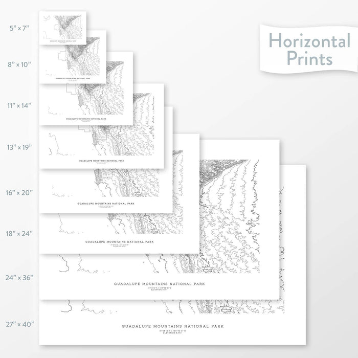 Available sizes for Guadalupe Mountains National Park topographic maps. 5x7, 8x10, 11x14, 16x20, 18x24, 24x36, and 27x40 posters shown. as black and white prints on a gray background.