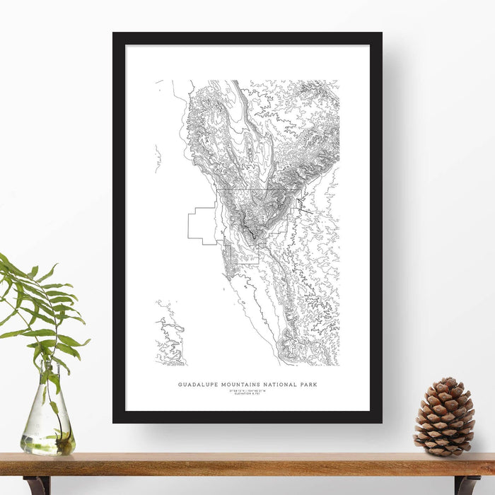 Topographic map of Guadalupe Mountains National Park with a black frame.