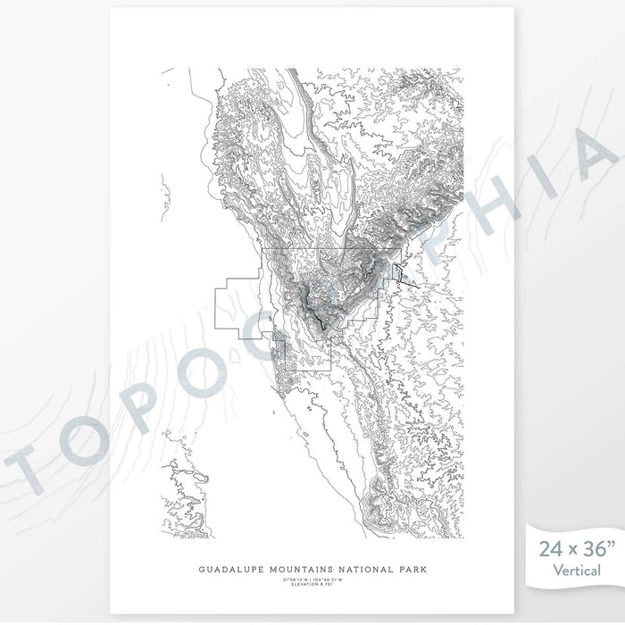 National Park print of Guadalupe Mountains with topography art.