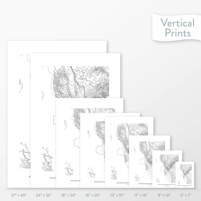 Topographic map art of Guadalupe Mountains National Park available to buy as posters, framed posters, and wrapped canvas wall art. Sized at 5x7, 8x10, 11x14, 16x20, 18x24, 24x36, and 27x40 inches.