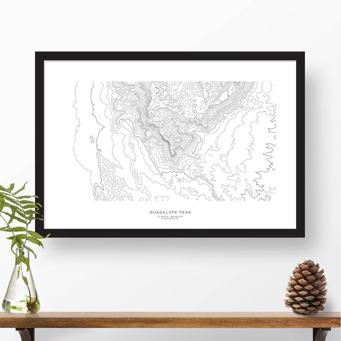 Framed travel art of Guadalupe Peak, Texas, featuring topography map art in black and white.