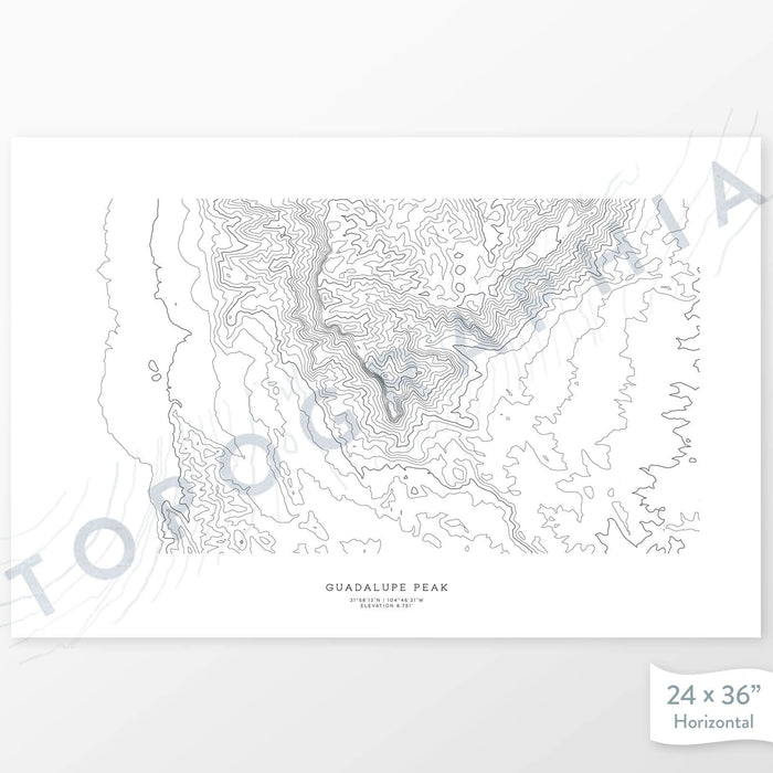 Print of Guadalupe Peak, Texas with a topographic map. Black contour lines on a white background.
