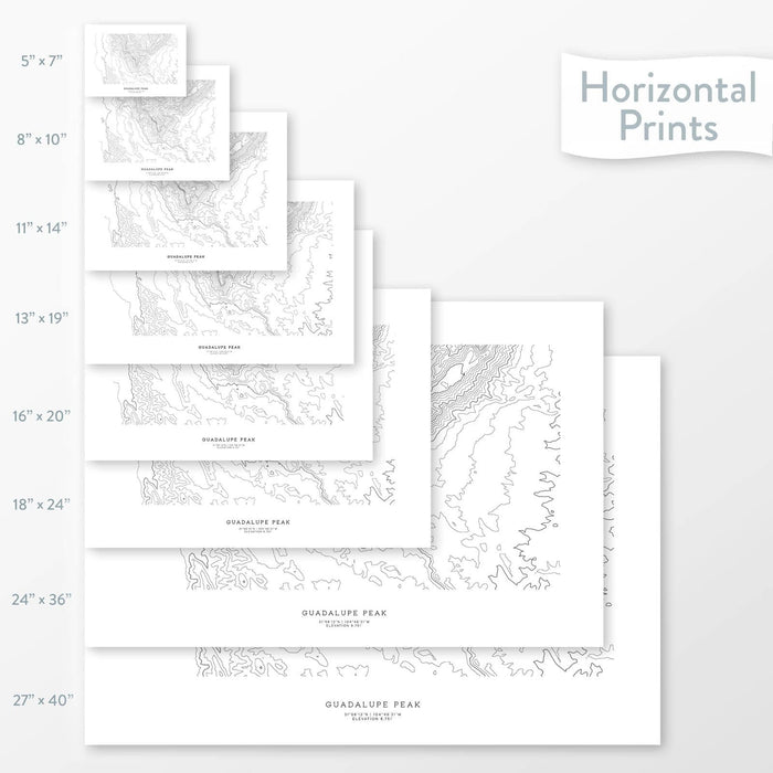 Decorative maps in many sizes of Guadalupe Peak, Texas topography: 5x7, 8x10, 11x14, 16x20, 18x24, 24x36, and 27x40.