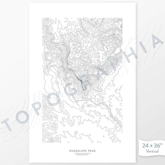 Vertical orientation Guadalupe Peak poster with topographic map design.