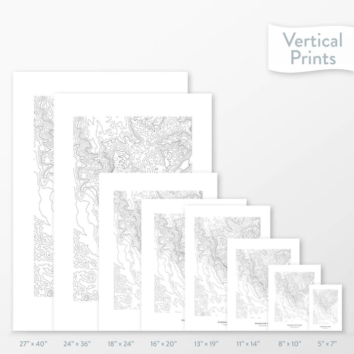 All sizes of Guadalupe Peak, Texas topography vertical prints.